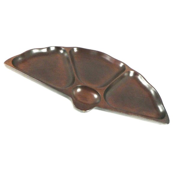 Dish Cherry Wood Appetizer Condiment Nut Tray Dish Fan Shape 4 section Asian Jap - Picture 2 of 12